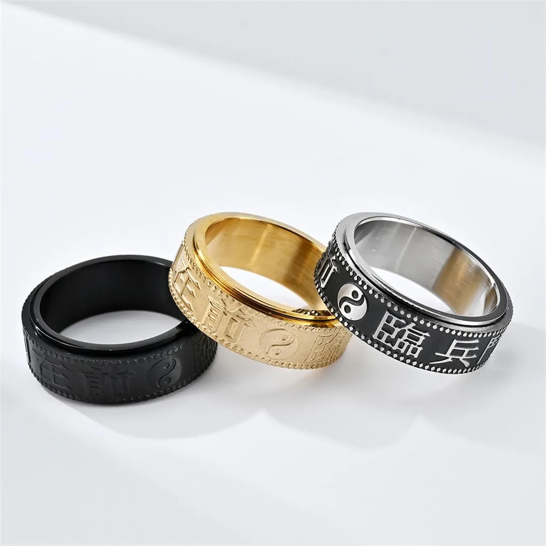 Chinese Style Bagua Rotating Stainless Steel Ring, Retro Style Bagua Titanium Steel Rotating Ring,Gold,10