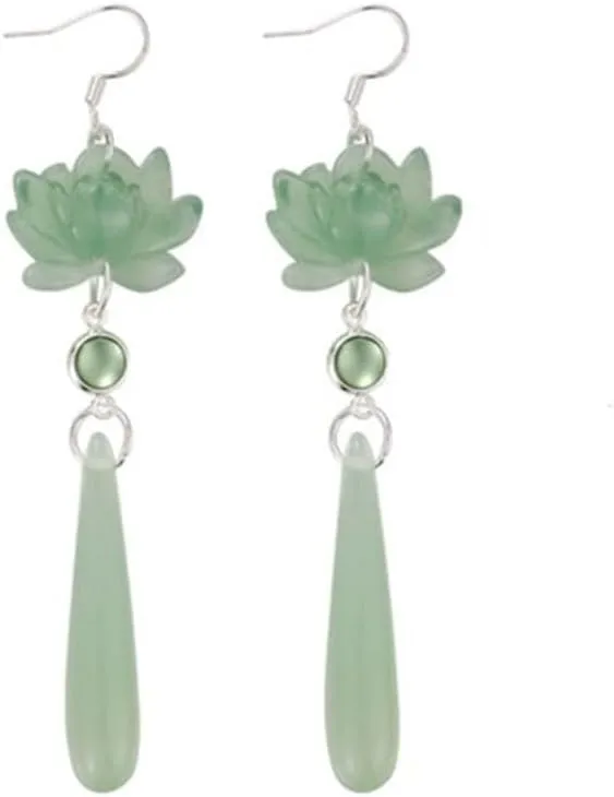 Chinese Style Lotus Flower Dangle Earrings Vintage Resin Lotus Earrings Water Drop Pendant Ear Hooks Exquisite Jewelry for Women