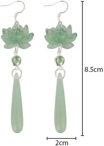 Chinese Style Lotus Flower Dangle Earrings Vintage Resin Lotus Earrings Water Drop Pendant Ear Hooks Exquisite Jewelry for Women