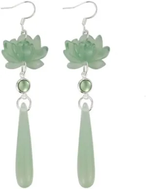 Chinese Style Lotus Flower Dangle Earrings Vintage Resin Lotus Earrings Water Drop Pendant Ear Hooks Exquisite Jewelry for Women