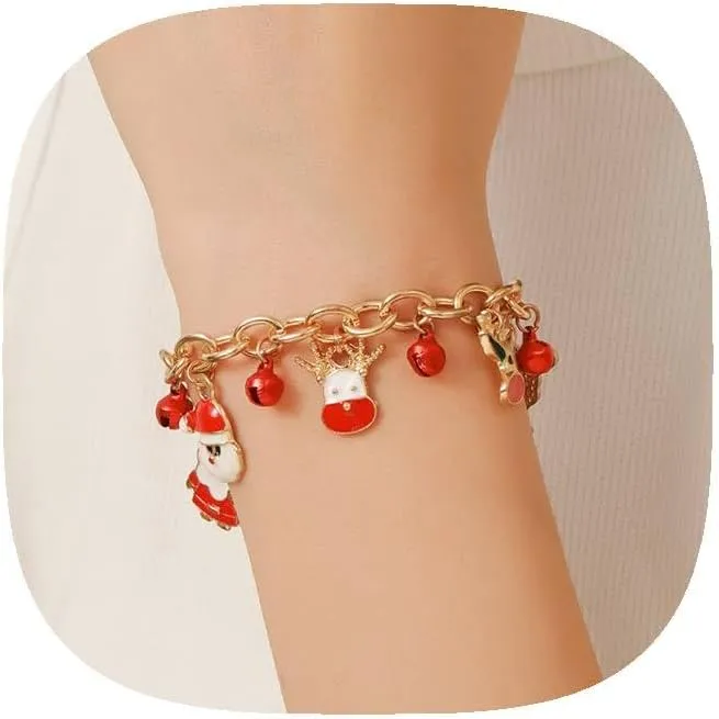 Christmas Gold Charm Bracelets for Women Cute Cartoon Friendship Bracelets Stainless Steel Link Bracelet Holiday Adjustable Jewelry Accessories for Christmas