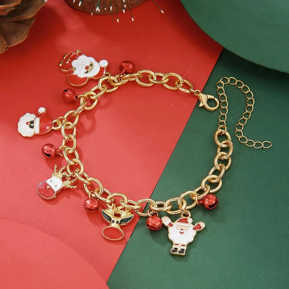 Christmas Gold Charm Bracelets for Women Cute Cartoon Friendship Bracelets Stainless Steel Link Bracelet Holiday Adjustable Jewelry Accessories for Christmas
