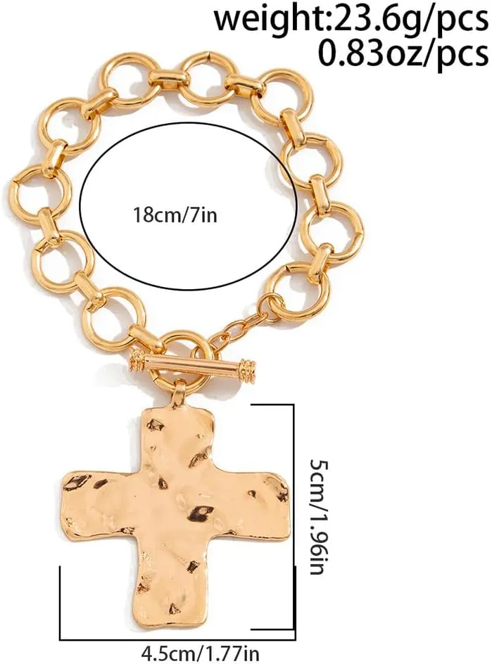 Chunky Gold Big Hammered Cross Bracelets for Women Trendy, Bold Thick Large Silver Cross OT Toggle Bracelet Statement Vintage Faith Chain Jewelry Gift
