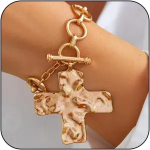 Chunky Gold Big Hammered Cross Bracelets for Women Trendy, Bold Thick Large Silver Cross OT Toggle Bracelet Statement Vintage Faith Chain Jewelry Gift