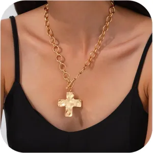 Chunky Gold Cross Necklace for Women Non Tarnish Layered Hammered Bold Cross Statement Necklace Vintage Toggle Clasp Chain Trendy Jewelry Gift