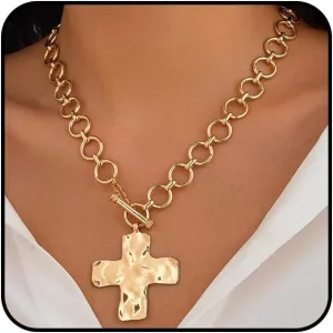 Chunky Gold Cross Pendant Necklace for Women Hammered Bold Statement Cross Choker Necklace Adjustable OT Buckle Chain Necklace Jewelry Gift for Her