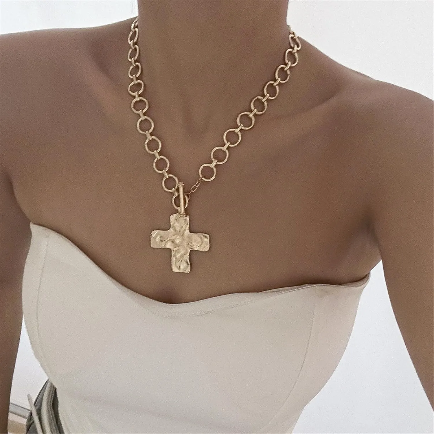 Chunky Gold Cross Pendant Necklace,Big Cross Necklace Vintage Statement Layered Bold Hammered Cross Necklace Thick OT Buckle Chain Jewelry for Women
