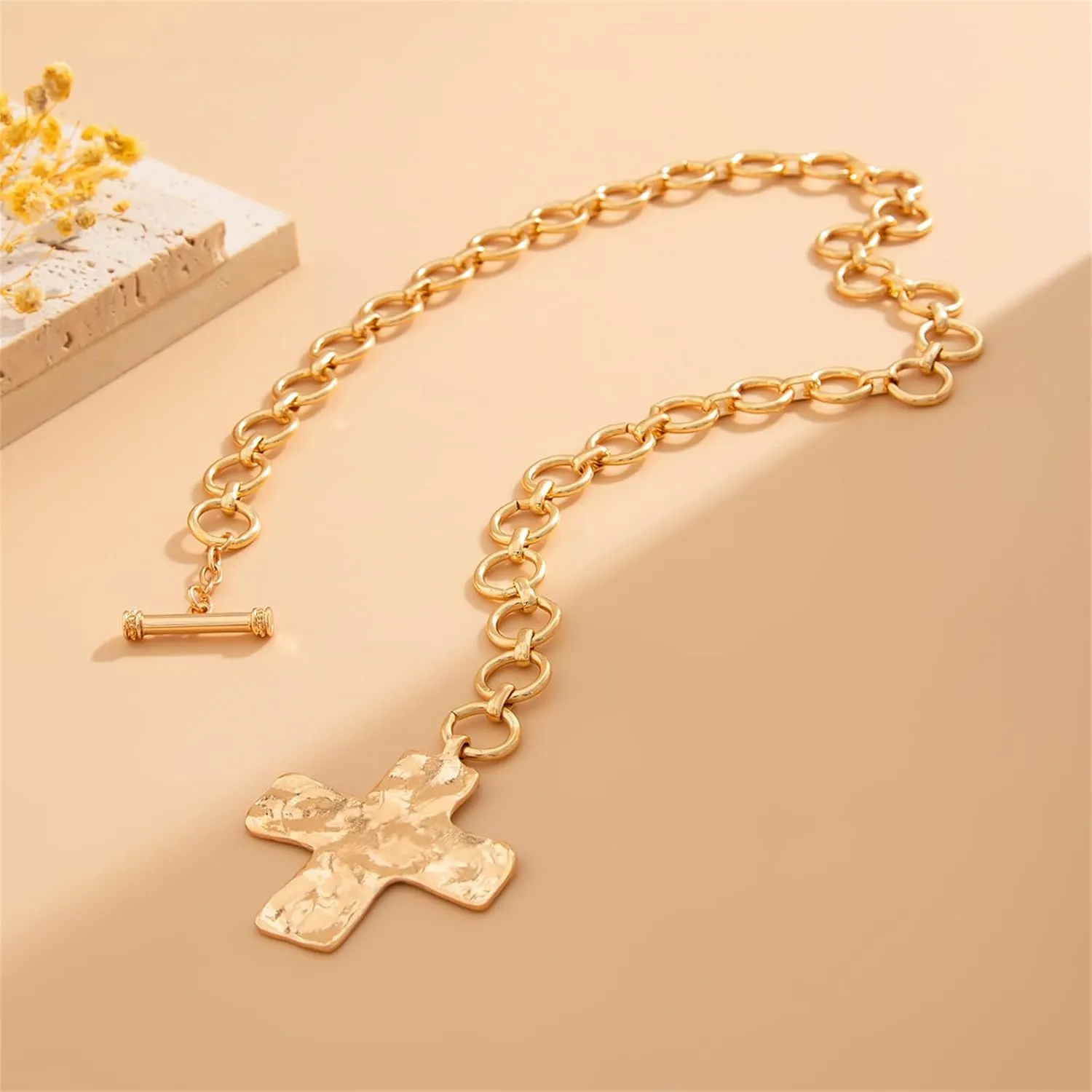 Chunky Gold Cross Pendant Necklace,Big Cross Necklace Vintage Statement Layered Bold Hammered Cross Necklace Thick OT Buckle Chain Jewelry for Women