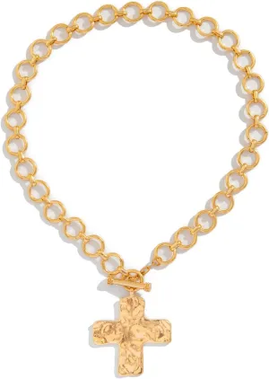 Chunky Gold Cross Pendant Necklace,Big Cross Necklace Vintage Statement Layered Bold Hammered Cross Necklace Thick OT Buckle Chain Jewelry for Women
