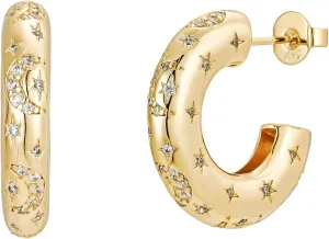 Chunky Gold Hoop Earrings  18K Gold Plated Hoops with Moon & Star Celestial Details  Bold, Lightweight Earrings for Women by Malibu Sunday
