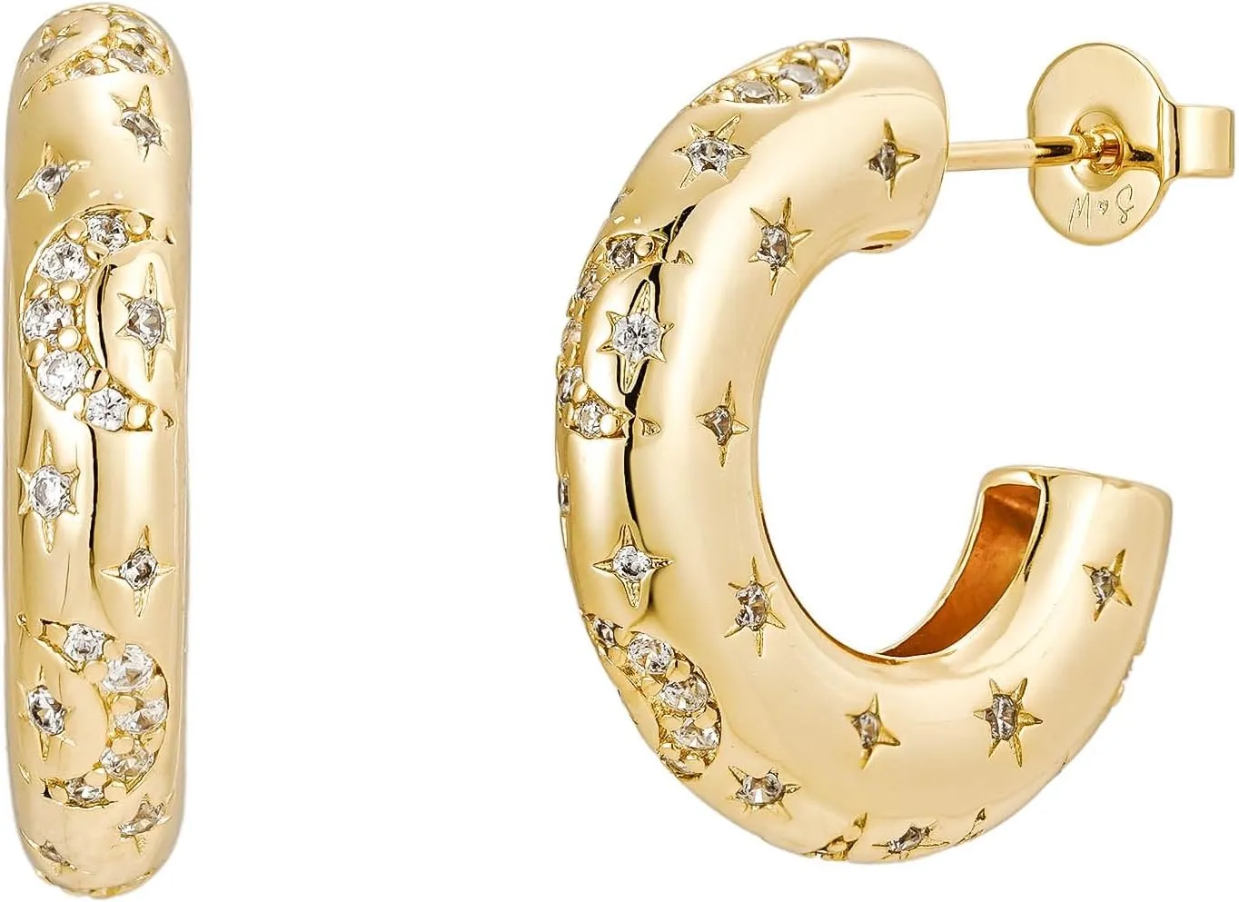 Chunky Gold Hoop Earrings  18K Gold Plated Hoops with Moon & Star Celestial Details  Bold, Lightweight Earrings for Women by Malibu Sunday