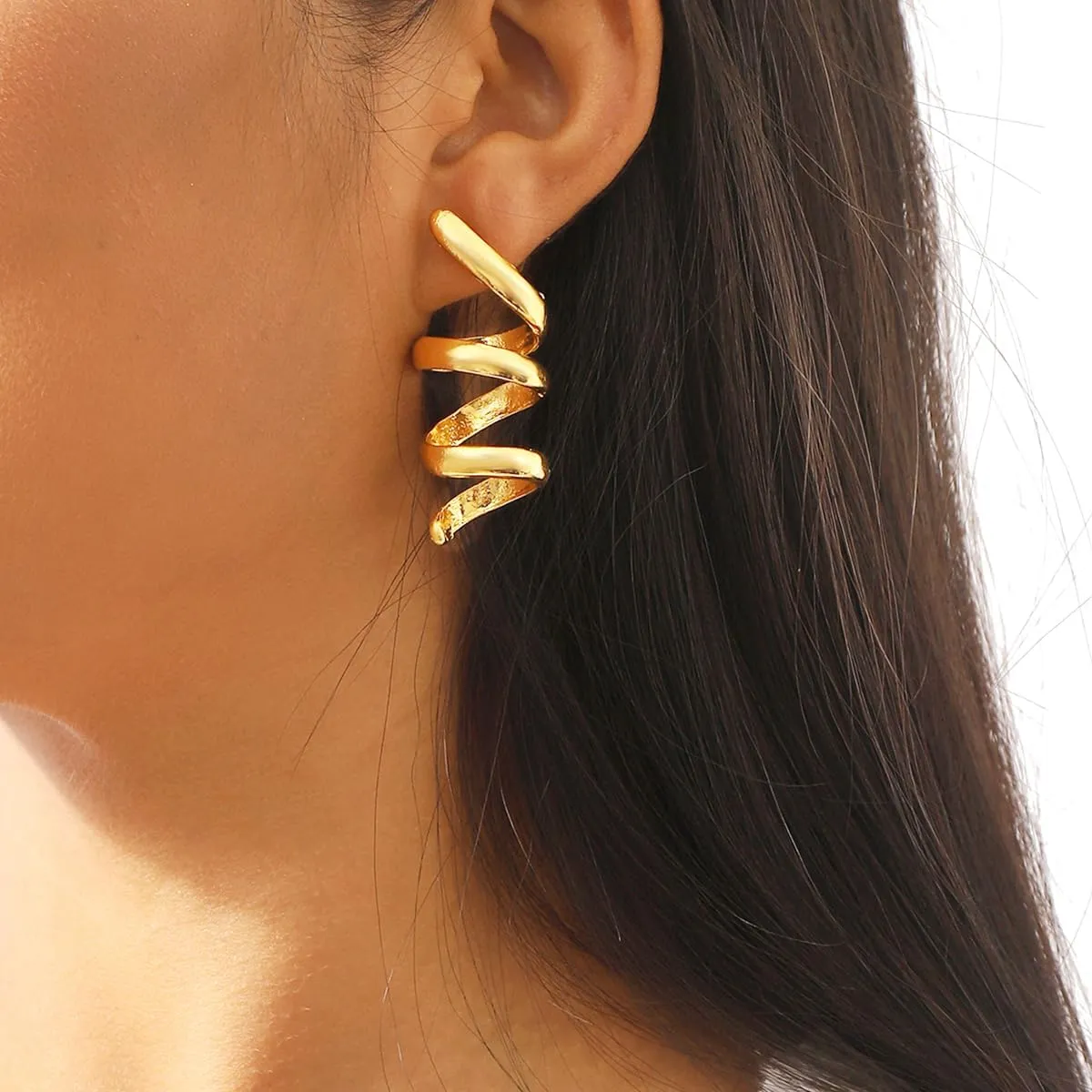 Chunky Gold Spiral Dangle Drop Earrings, Fashion Irregular Spring Statement Dangling Earrings, Vintage Twisted Jewelry Gifts for Women