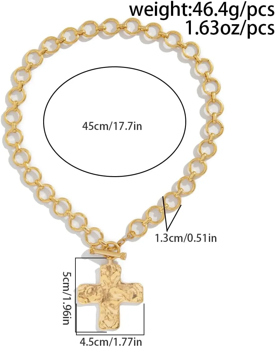 Chunky Gold Statement Cross Necklace for Women Layered Hammered Bold Cross Necklace Thick Chain Vintage Toggle Clasp Necklaces Jewelry Gifts for Women