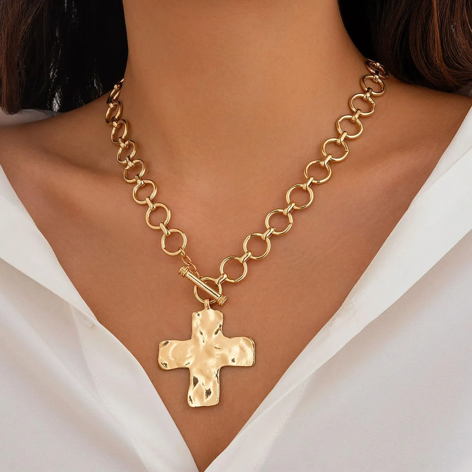 Chunky Gold Statement Cross Necklace for Women Layered Hammered Bold Cross Necklace Thick Chain Vintage Toggle Clasp Necklaces Jewelry Gifts for Women