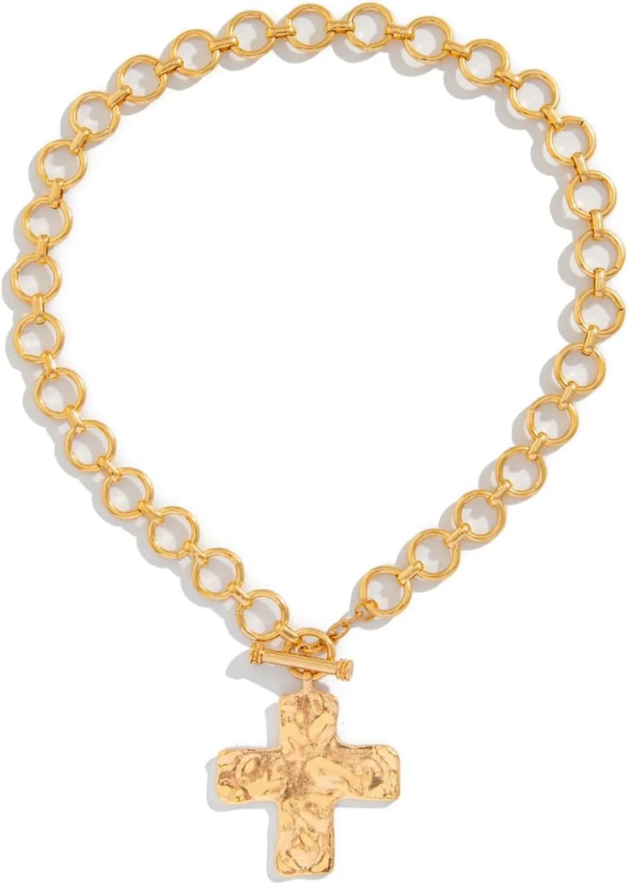 Chunky Gold Statement Cross Necklace for Women Layered Hammered Bold Cross Necklace Thick Chain Vintage Toggle Clasp Necklaces Jewelry Gifts for Women