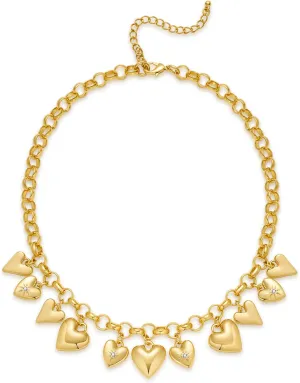 Chunky Multiple Charms Necklace for Women Boho Vintage Adjustable Gold Chain Necklace Bold Statement Round Choker Pendant Necklaces Fashion Heart Necklace