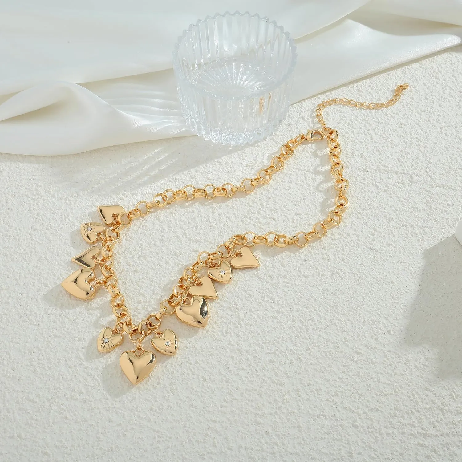 Chunky Multiple Charms Necklace for Women Boho Vintage Adjustable Gold Chain Necklace Bold Statement Round Choker Pendant Necklaces Fashion Heart Necklace