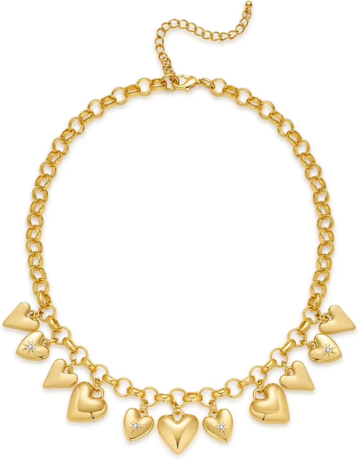 Chunky Multiple Charms Necklace for Women Boho Vintage Adjustable Gold Chain Necklace Bold Statement Round Choker Pendant Necklaces Fashion Heart Necklace