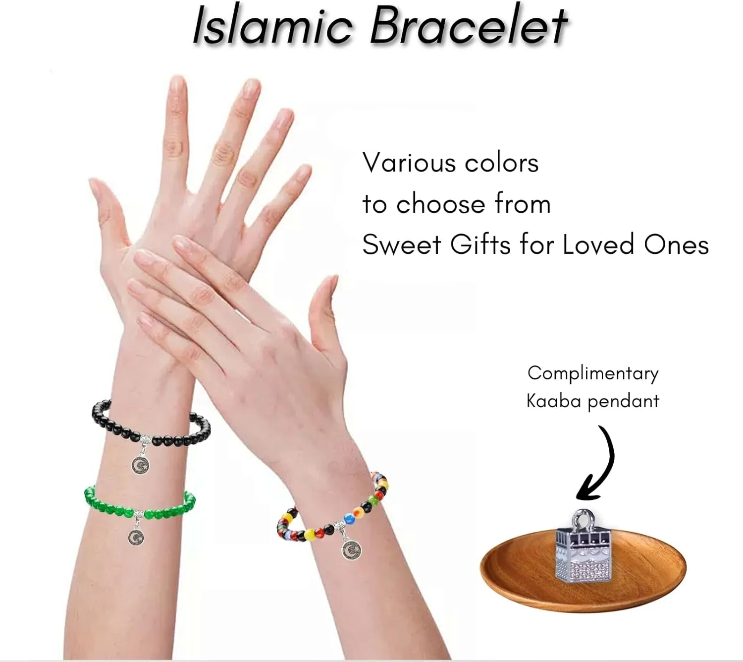 CIX Handmade Gem Semi Precious Prayer Beads with Pendant, Gemstone 6mm Round 33-Bead Stretch Bracelet, 7" Unisex Muslim Islamic Tasbih
