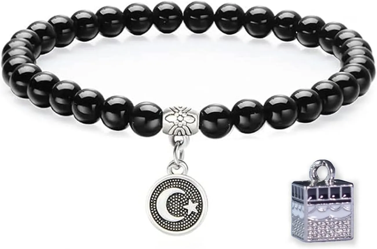 CIX Handmade Gem Semi Precious Prayer Beads with Pendant, Gemstone 6mm Round 33-Bead Stretch Bracelet, 7" Unisex Muslim Islamic Tasbih