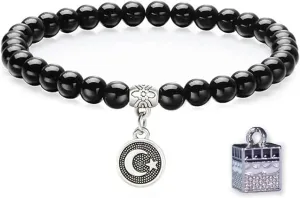 CIX Handmade Gem Semi Precious Prayer Beads with Pendant, Gemstone 6mm Round 33-Bead Stretch Bracelet, 7" Unisex Muslim Islamic Tasbih