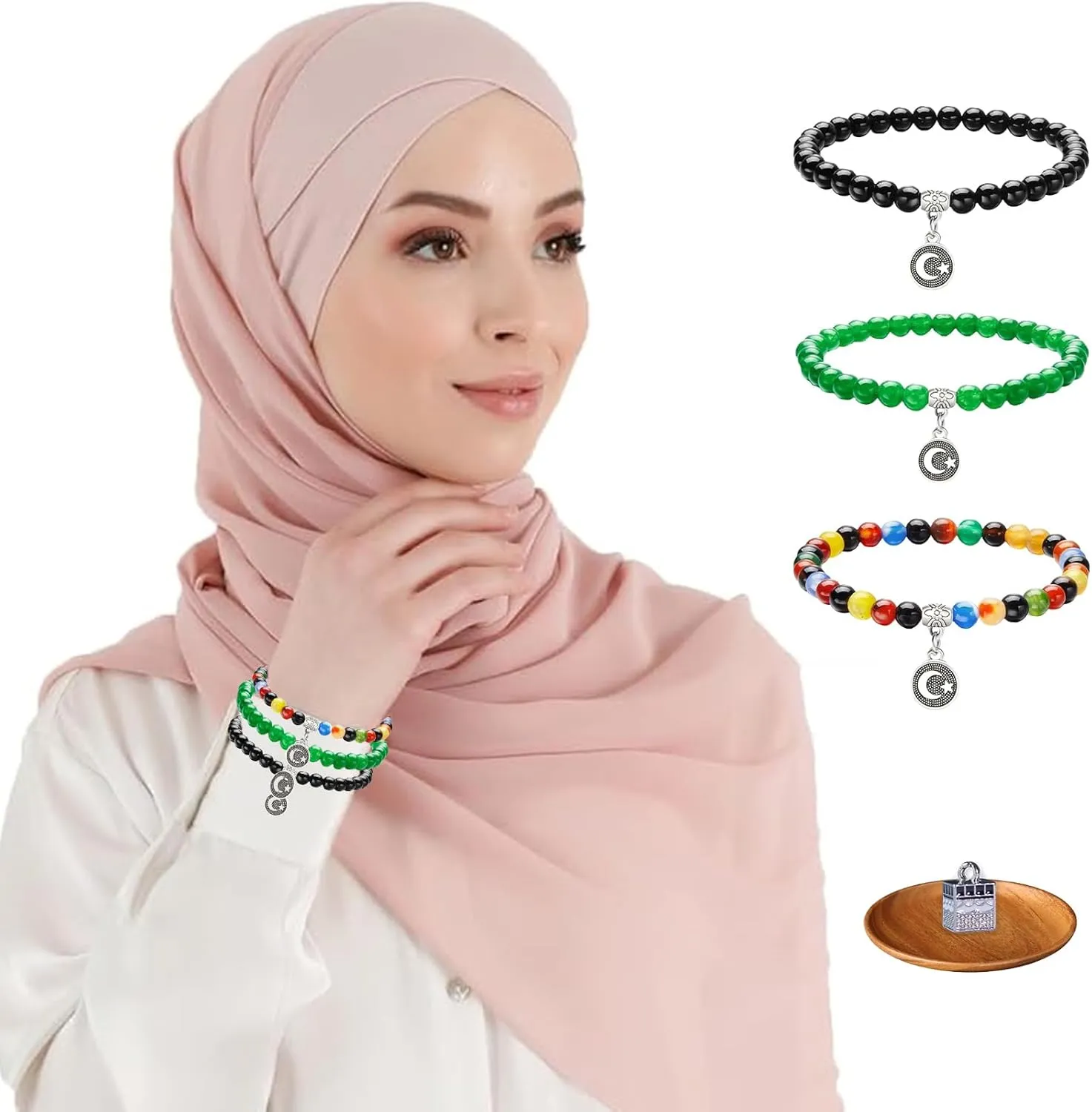 CIX Handmade Gem Semi Precious Prayer Beads with Pendant, Gemstone 6mm Round 33-Bead Stretch Bracelet, 7" Unisex Muslim Islamic Tasbih