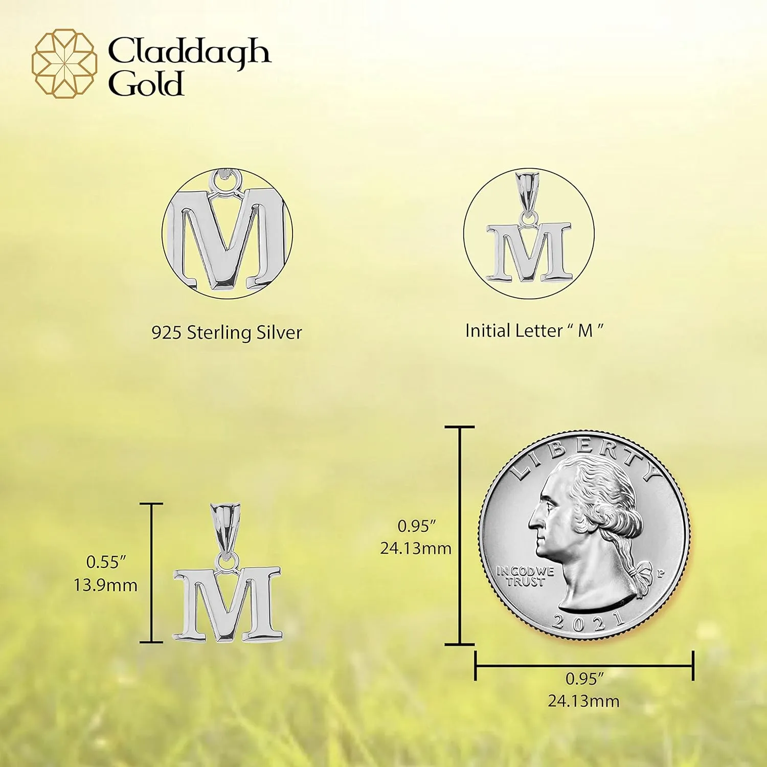 Claddagh Gold .925 Sterling Silver Initial Pendant Charm  Personalized Alphabet Letter Jewelry in 0.80mm or 0.55mm Block Font