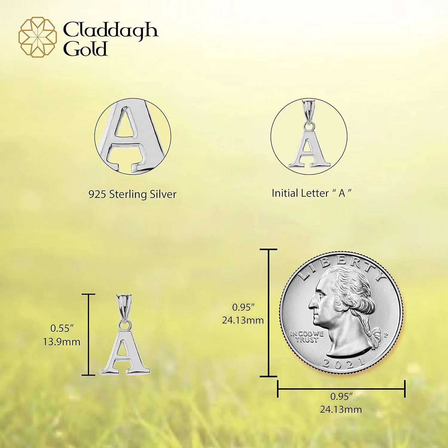 Claddagh Gold .925 Sterling Silver Initial Pendant Charm  Personalized Alphabet Letter Jewelry in 0.80mm or 0.55mm Block Font