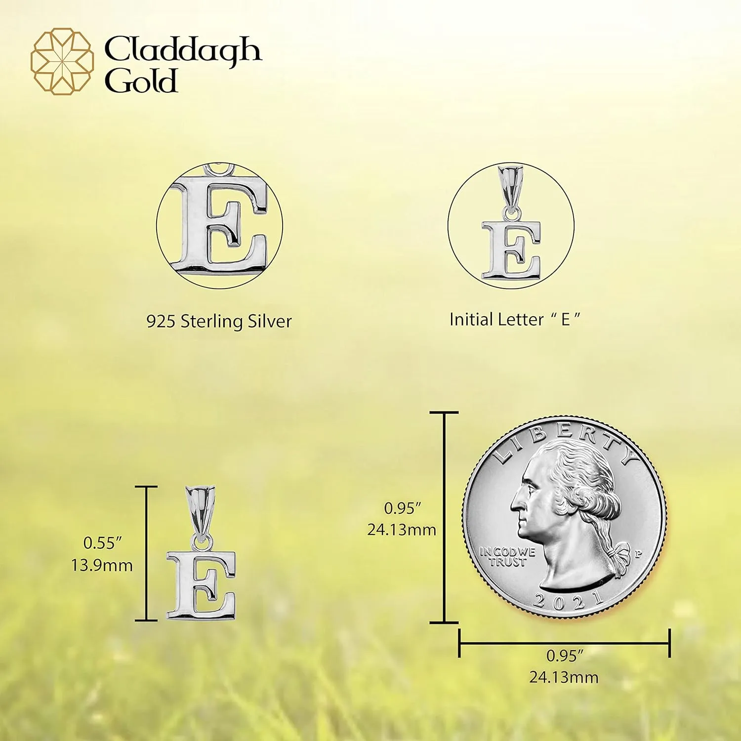 Claddagh Gold .925 Sterling Silver Initial Pendant Charm  Personalized Alphabet Letter Jewelry in 0.80mm or 0.55mm Block Font