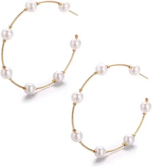 coadipress Pearl Hoop Earrings Fashion Elegant Gold Plated Large Lightweight Artificial Pearl Earrings Drop Dangle Earrings Wedding Jewelry Gifts