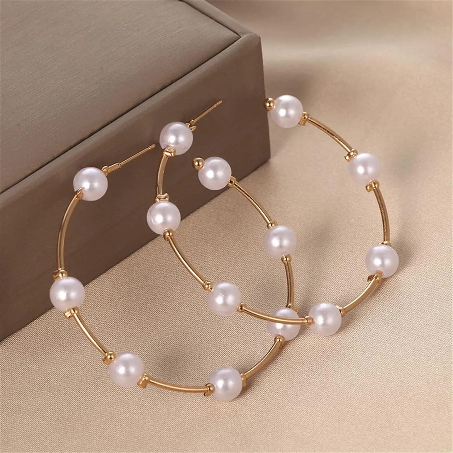 coadipress Pearl Hoop Earrings Fashion Elegant Gold Plated Large Lightweight Artificial Pearl Earrings Drop Dangle Earrings Wedding Jewelry Gifts