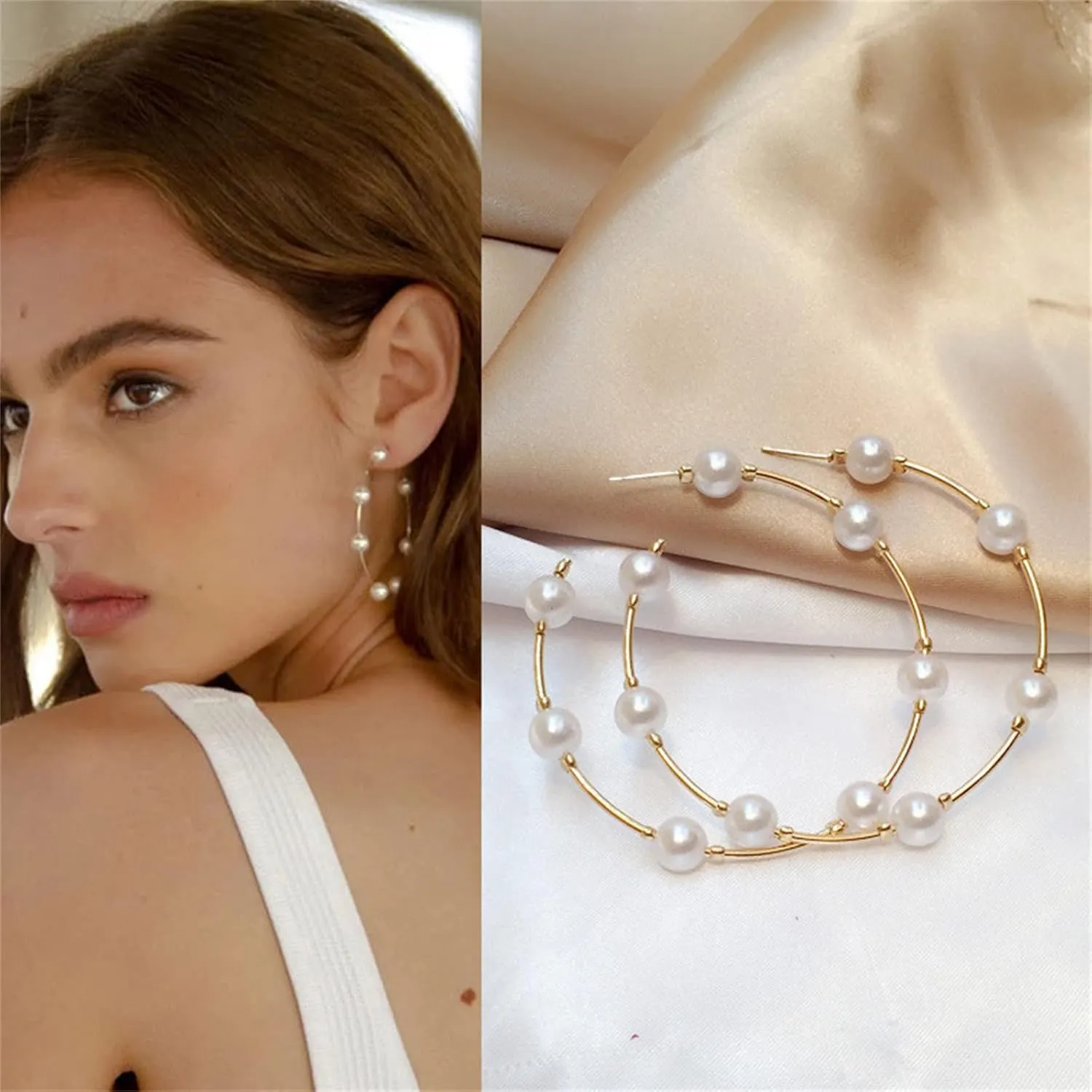 coadipress Pearl Hoop Earrings Fashion Elegant Gold Plated Large Lightweight Artificial Pearl Earrings Drop Dangle Earrings Wedding Jewelry Gifts