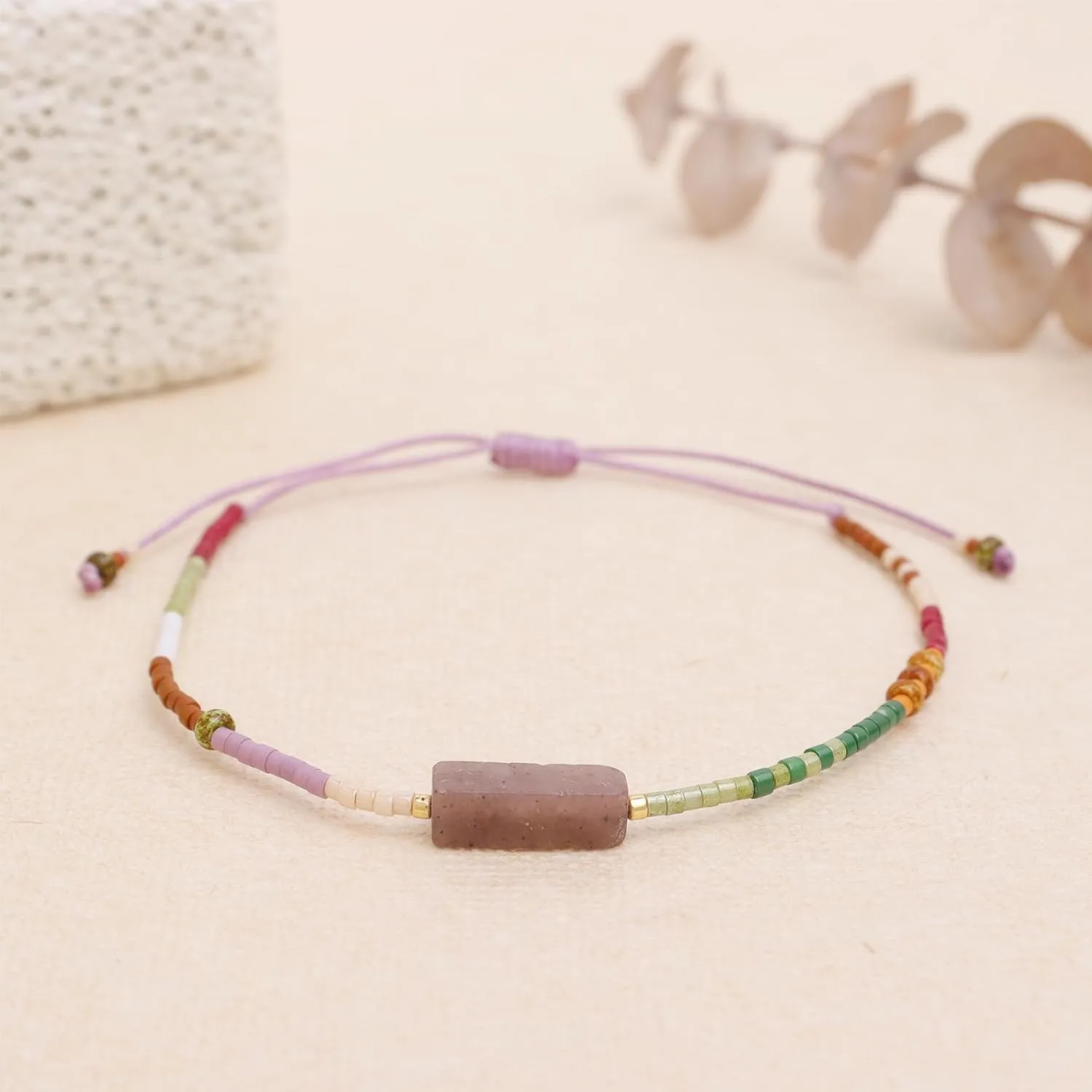 Colorful Beaded Gemstone Bracelets for Women,Cute Square Natural Stone Adjustable Purple String Bohemia Multicolor Beads Bracelet Friendship Fashion Jewelry Gift.