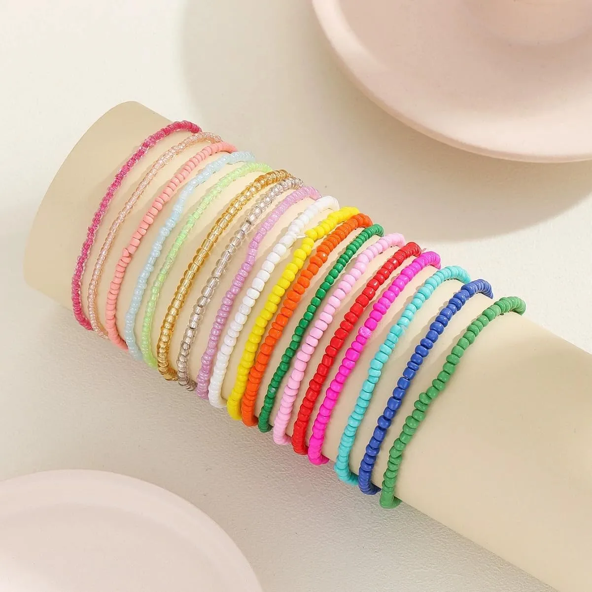 COLORFUL BLING 18pcs Bohemian Stackable Elastic Beaded Bracelets Summer Beach Handmade Seed Beaded Jewelry Bracelets for Women