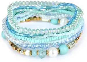 COLORFUL BLING Bohemian Crystal Beaded Bracelets Set for Women Handmade Multicolor Seed Beaded Stackable Strand Bracelets Multilayer Stretch Bangles Set