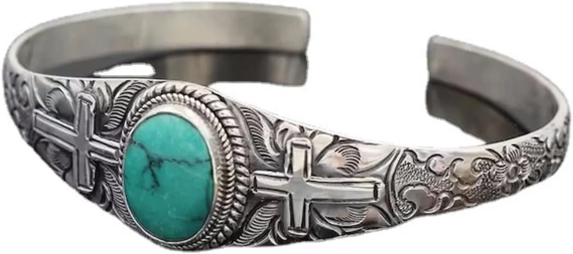 COLORFUL BLING Bohemian Turquoise Engraved Cuff Bracelet Natural Stone Adjustable Wrap Bangle Western Style Gemstone Boho Jewelry for Women