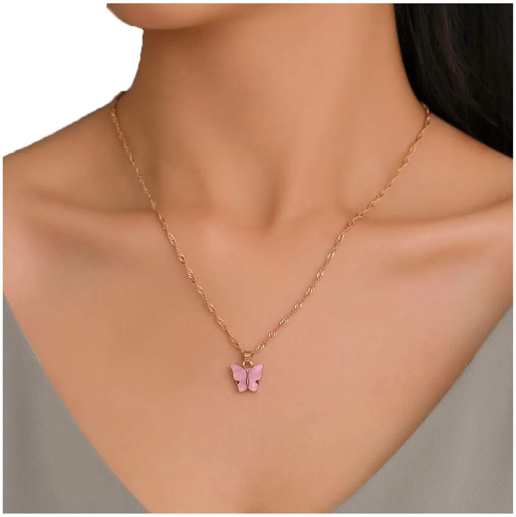 Colorful Butterfly Pendants Necklace for Women Dainty Cute 14K Gold Plated 925 Sterling Silver Chain Necklace Jewelry for Her Friend Wife Mom Anniversary Birthday Party Valentines Mother's Day Gifts