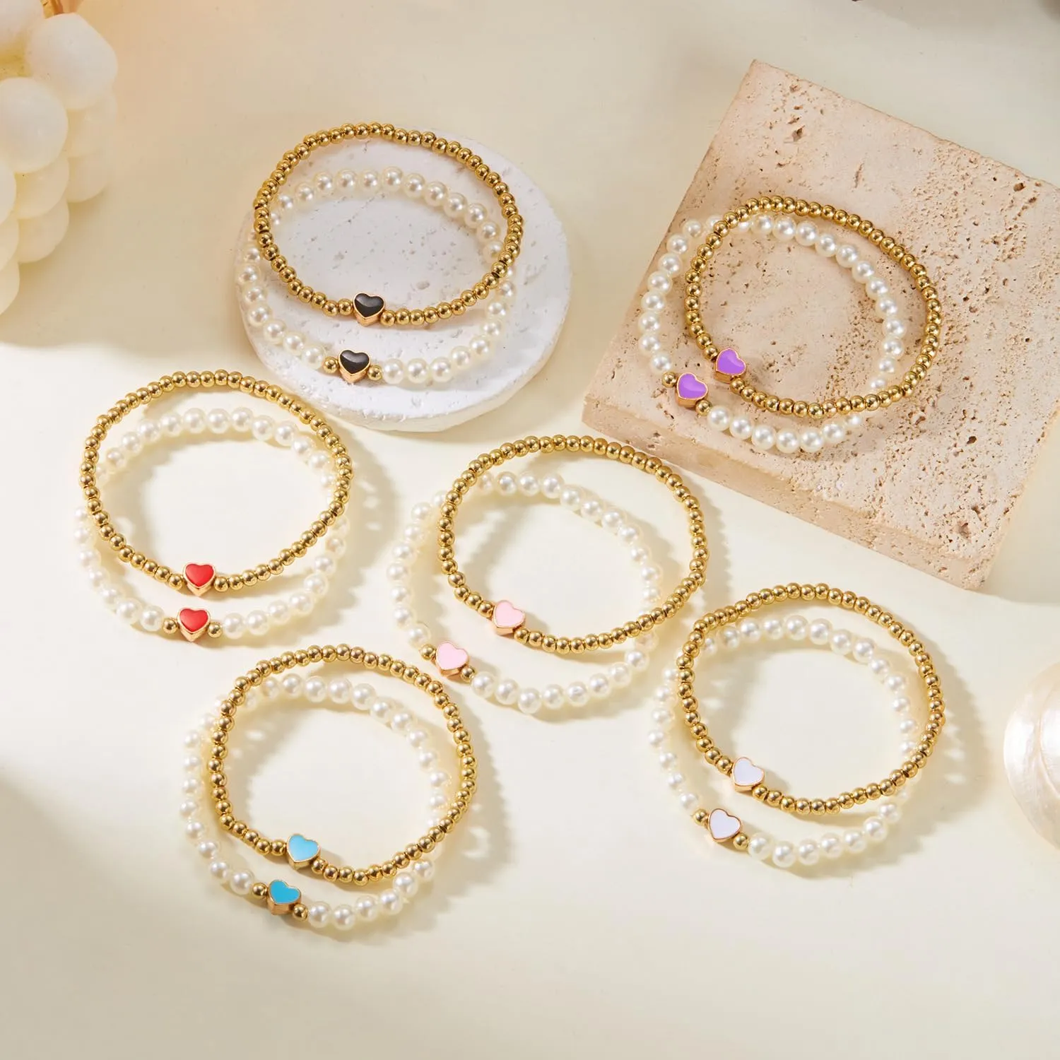 Colorful Heart Beaded Matching Couples Bracelets Chunky Simulated Pearl Stackable Stretch Bracelet Set Pinky Promise Heart Multilayered Elastic Bangles for Women Friendship Jewelry Gifts