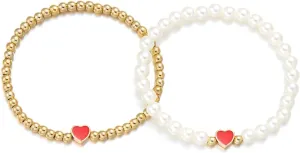 Colorful Heart Beaded Matching Couples Bracelets Chunky Simulated Pearl Stackable Stretch Bracelet Set Pinky Promise Heart Multilayered Elastic Bangles for Women Friendship Jewelry Gifts