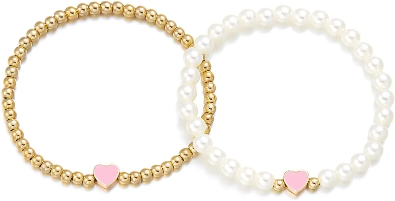 Colorful Heart Beaded Matching Couples Bracelets Chunky Simulated Pearl Stackable Stretch Bracelet Set Pinky Promise Heart Multilayered Elastic Bangles for Women Friendship Jewelry Gifts