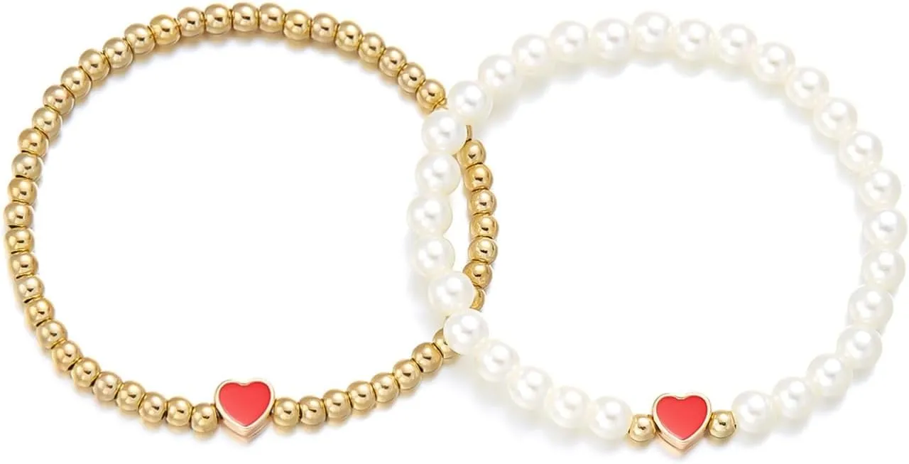 Colorful Heart Beaded Matching Couples Bracelets Chunky Simulated Pearl Stackable Stretch Bracelet Set Pinky Promise Heart Multilayered Elastic Bangles for Women Friendship Jewelry Gifts
