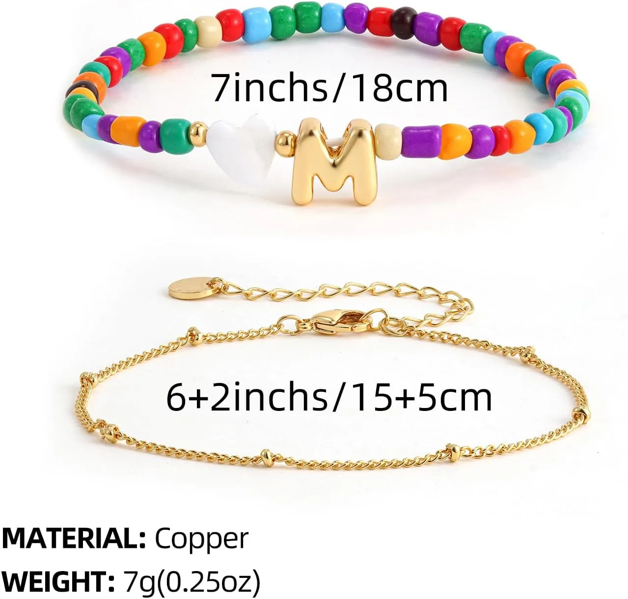 Colorful Initial Bracelets for Women Girls - 14K Gold Plated Heart Initial Letter Daint A-Z Charm Bracelet Summer Jewelry Teen Girl Gifts for Teen Kids