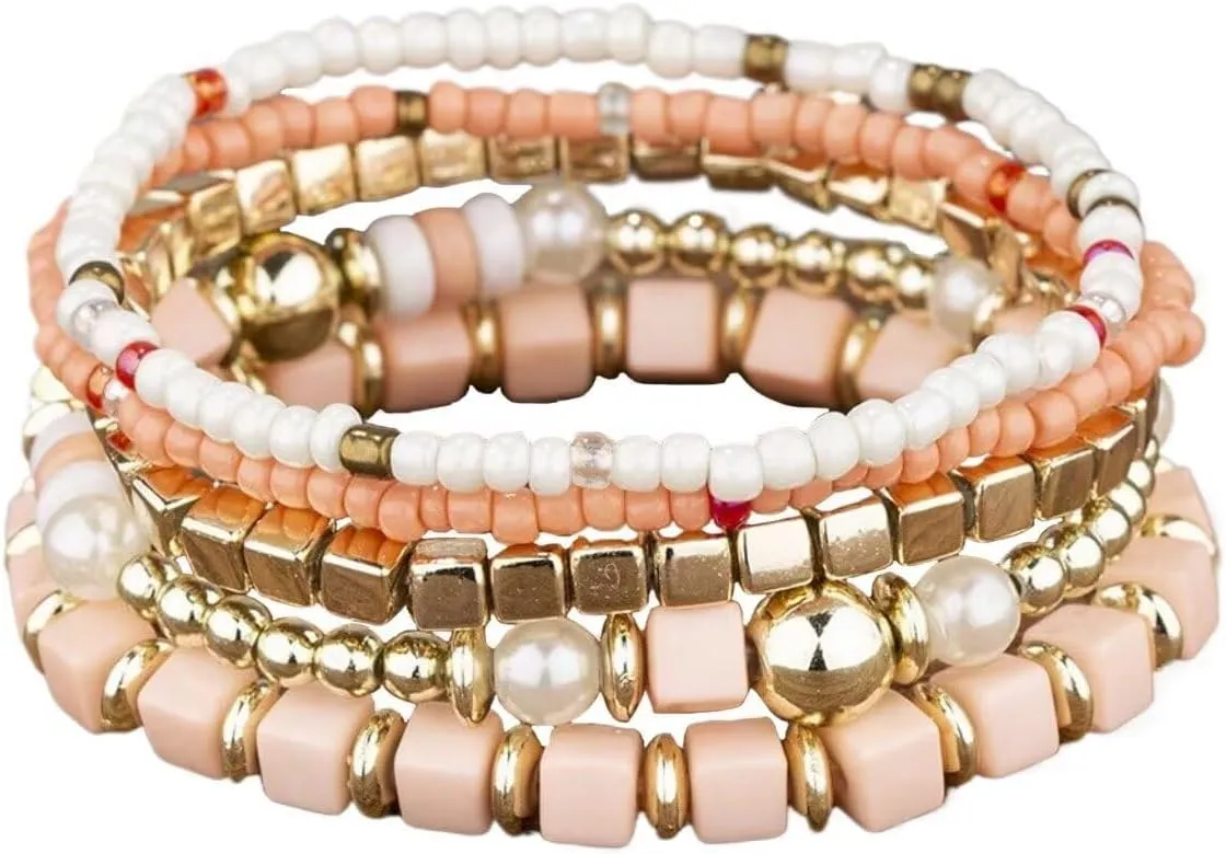 Colorful Layered Boho Bracelet for Women Yellow Black White Beaded Bracelet Set Statement Stretch Bracelet Birthday Party Friendship Jewelry