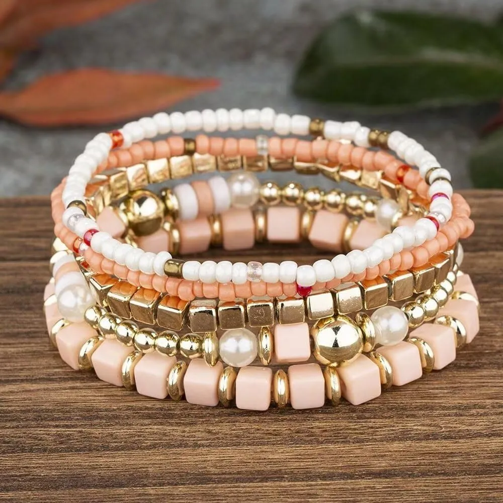 Colorful Layered Boho Bracelet for Women Yellow Black White Beaded Bracelet Set Statement Stretch Bracelet Birthday Party Friendship Jewelry