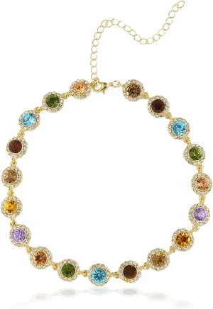 Colorful Necklace Beaded Crystal for Women Sparkly Rhinestone Multicolor Gem Necklaces with Gold Chain Stunning Multi Colored Jewel Jewelry for Party Prom