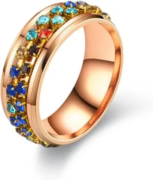 Colorful Rotatable Fidget Spinner Ring Stainless Steel Titanium Steel Crystal Diamond Zircon Rotating Stunning for Women Couple Relieving Anxiety Stress Jewelry-Rose Gold 10