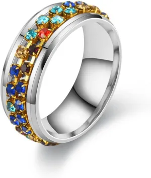Colorful Rotatable Fidget Spinner Ring Stainless Steel Titanium Steel Crystal Diamond Zircon Rotating Stunning for Women Couple Relieving Anxiety Stress Jewelry-Silver 8
