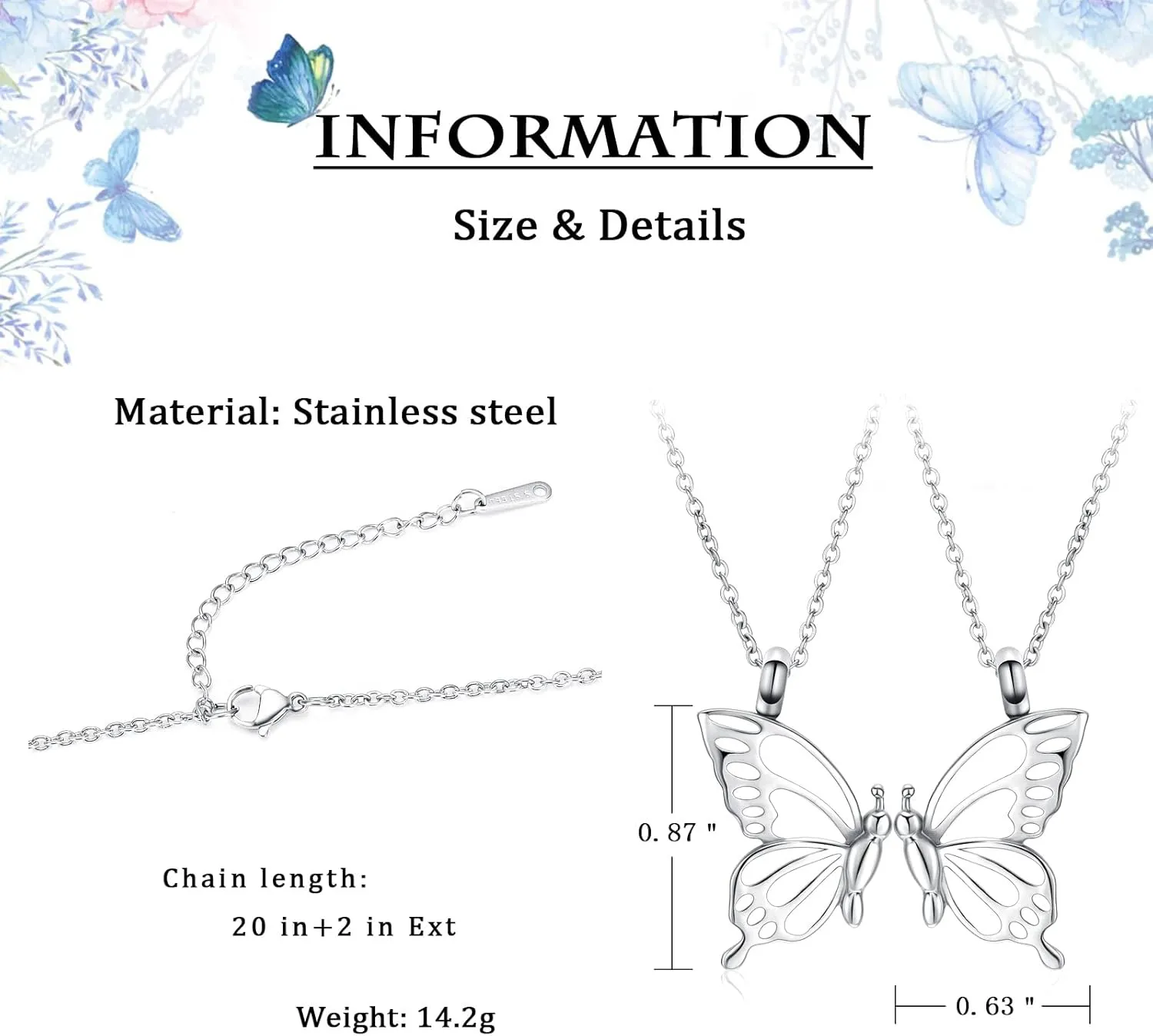 constantlife 2 Pack Butterfly Urn Necklaces for Ashes for Women Girls Stainless Steel Pendants Cremation Keepsake Jewelry Mother Daughter Sister Friendship Memorial Gifts