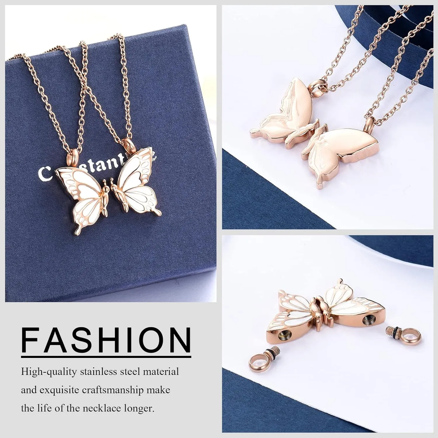 constantlife 2 Pack Butterfly Urn Necklaces for Ashes for Women Girls Stainless Steel Pendants Cremation Keepsake Jewelry Mother Daughter Sister Friendship Memorial Gifts
