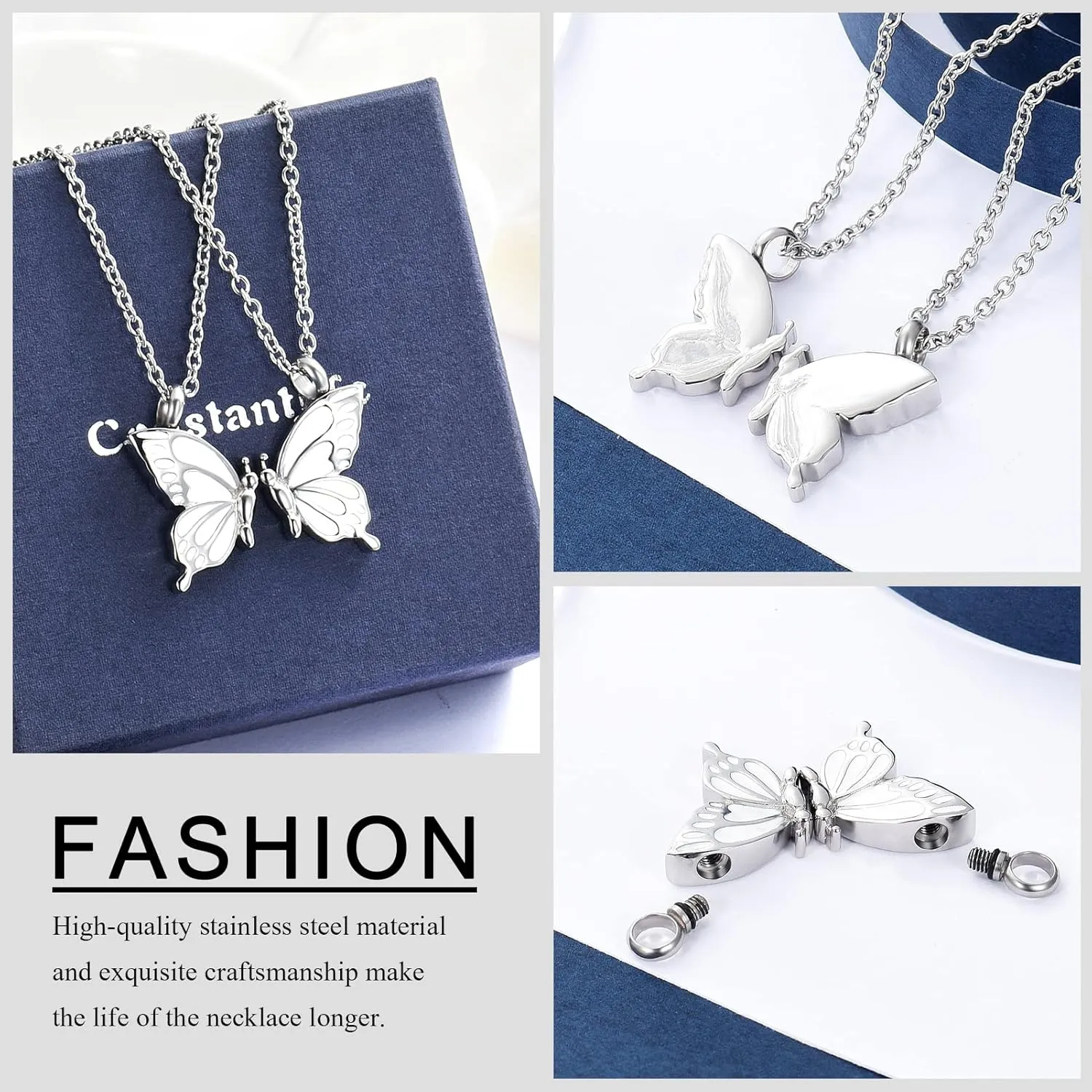 constantlife 2 Pack Butterfly Urn Necklaces for Ashes for Women Girls Stainless Steel Pendants Cremation Keepsake Jewelry Mother Daughter Sister Friendship Memorial Gifts